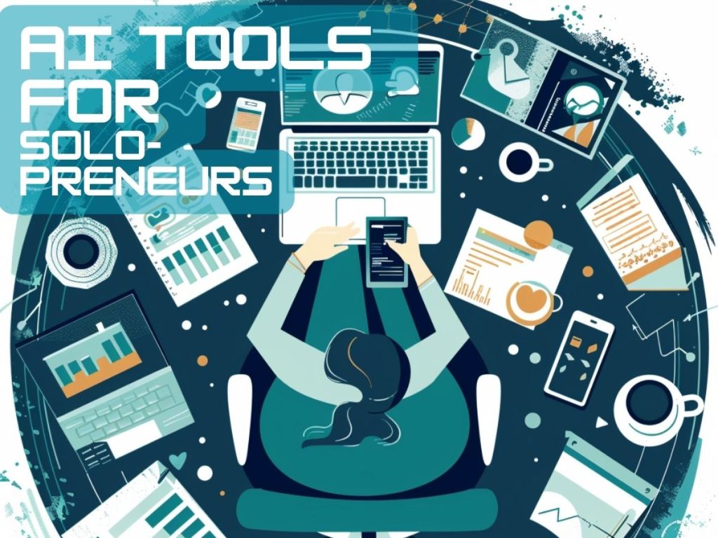 AI Tools for Solopreneurs a solopreneur sitting at the center of a circular desk, with multiple arms—one typing on a laptop, one holding a phone showing social apps, one reviewing a chart, and one having a coffee.