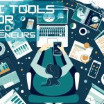 A solopreneur sitting at the center of a circular desk, with multiple arms--one typing on a laptop, one holding a phone showing social apps, one reviewing a chart, and one having a coffee.