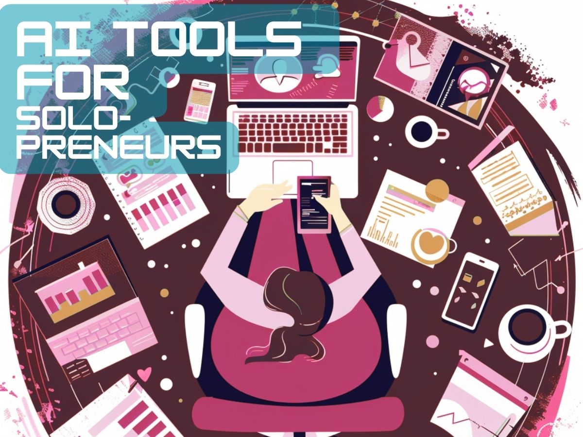 a solopreneur sitting at the center of a circular desk, with multiple arms--one typing on a laptop, one holding a phone showing social apps, one reviewing a chart, and one having a coffee.